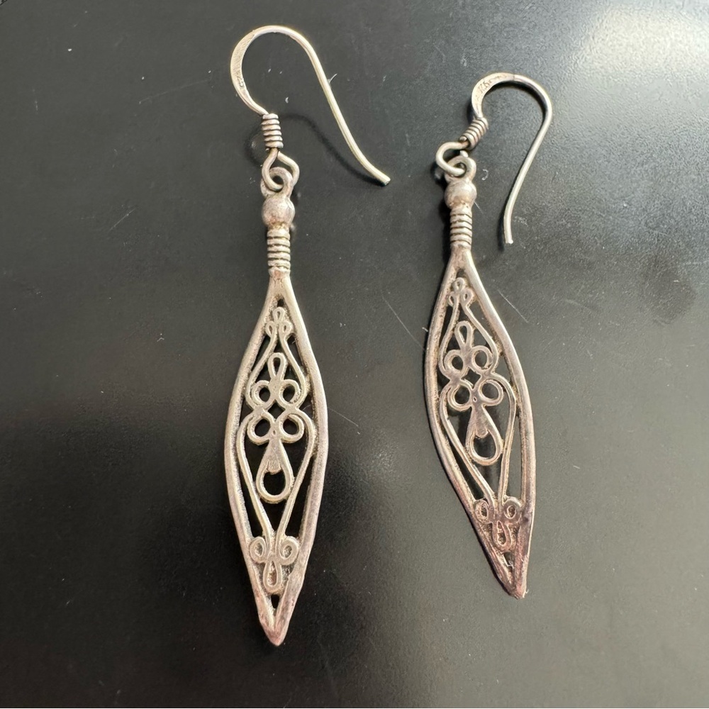Sterling Silver Openwork Dangle Earrings Marquise… - image 1